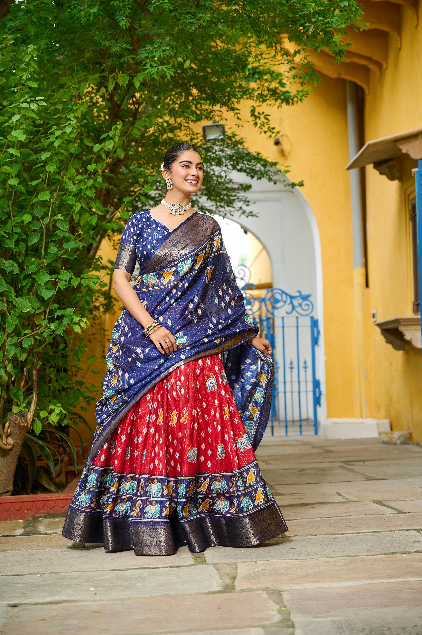 Women's Navy Blue & Red Heavy Lichi Fabric Stitched Lehenga Choli with Jacquard Border Dupatta | Jacquard Jari Lining Printed Wedding & Festive Wear