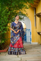 Women's Navy Blue & Red Heavy Lichi Fabric Stitched Lehenga Choli with Jacquard Border Dupatta | Jacquard Jari Lining Printed Wedding & Festive Wear