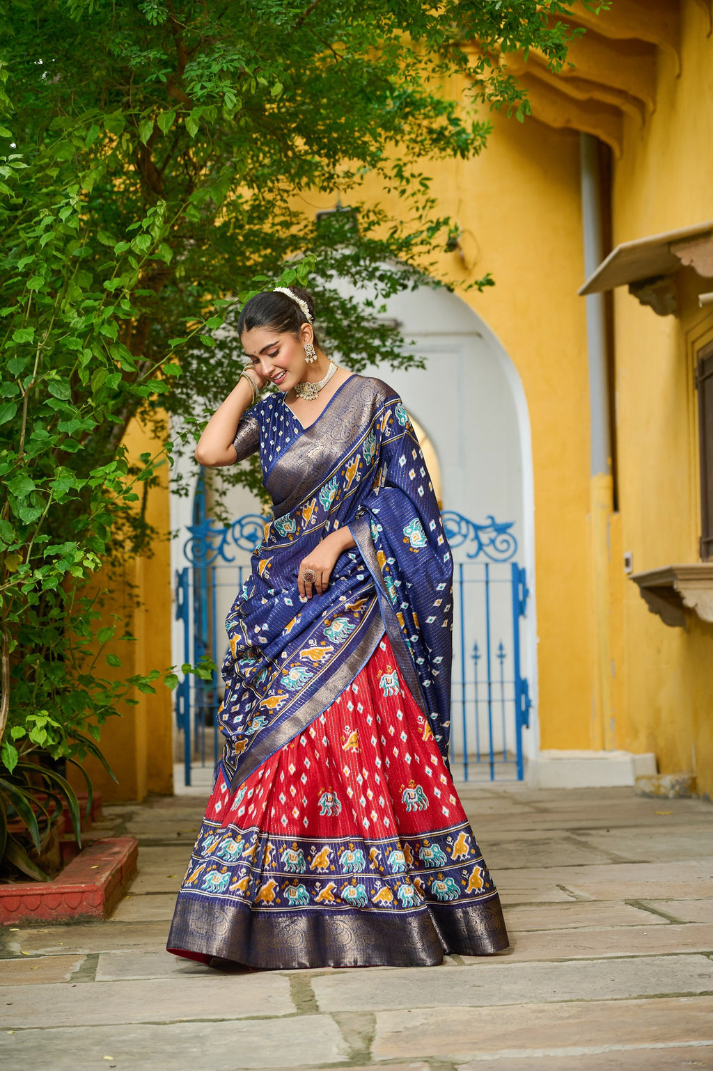 Women's Navy Blue & Red Heavy Lichi Fabric Stitched Lehenga Choli with Jacquard Border Dupatta | Jacquard Jari Lining Printed Wedding & Festive Wear