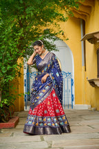 Women's Navy Blue & Red Heavy Lichi Fabric Stitched Lehenga Choli with Jacquard Border Dupatta | Jacquard Jari Lining Printed Wedding & Festive Wear