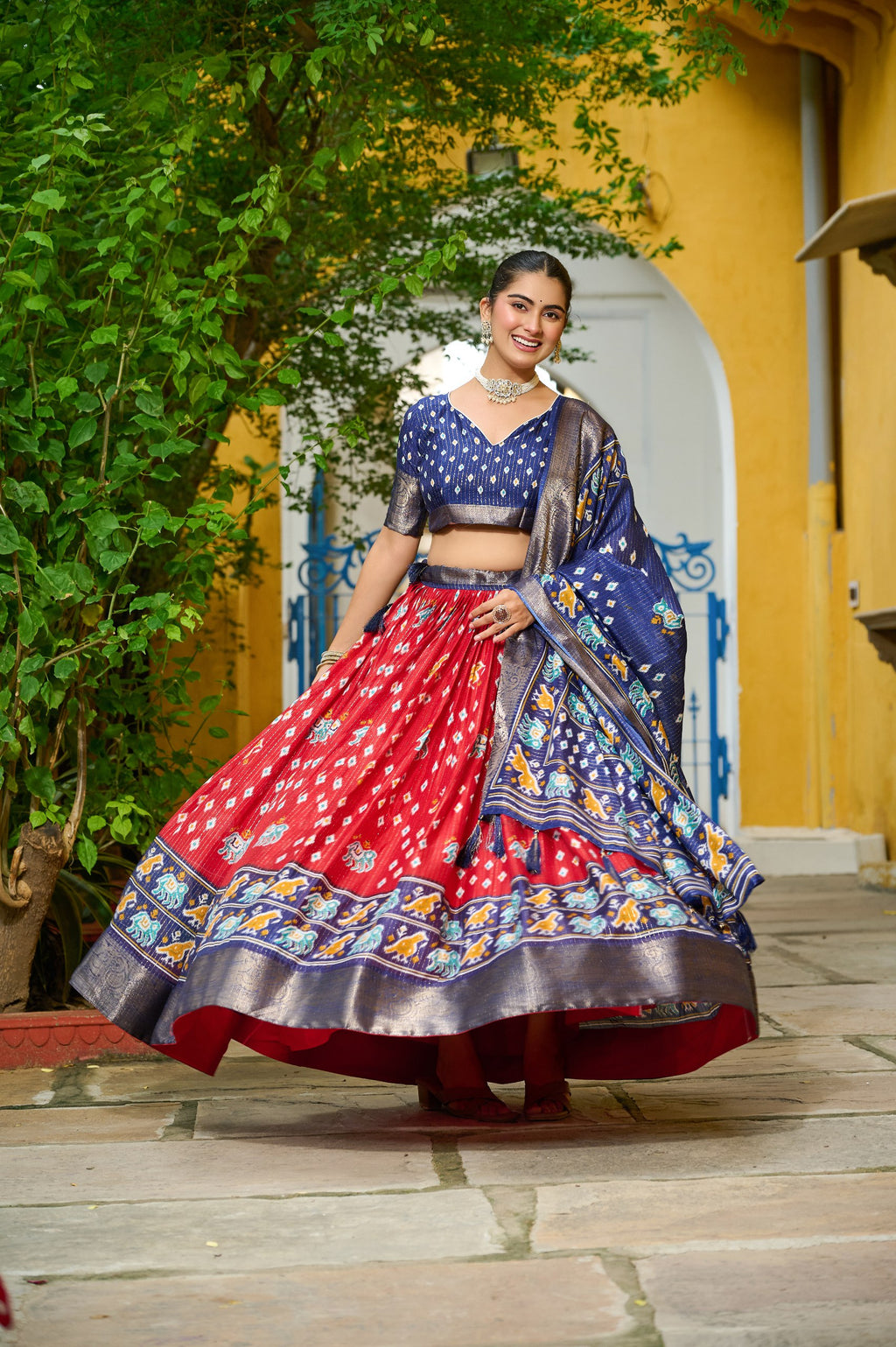 Women's Navy Blue & Red Heavy Lichi Fabric Stitched Lehenga Choli with Jacquard Border Dupatta | Jacquard Jari Lining Printed Wedding & Festive Wear