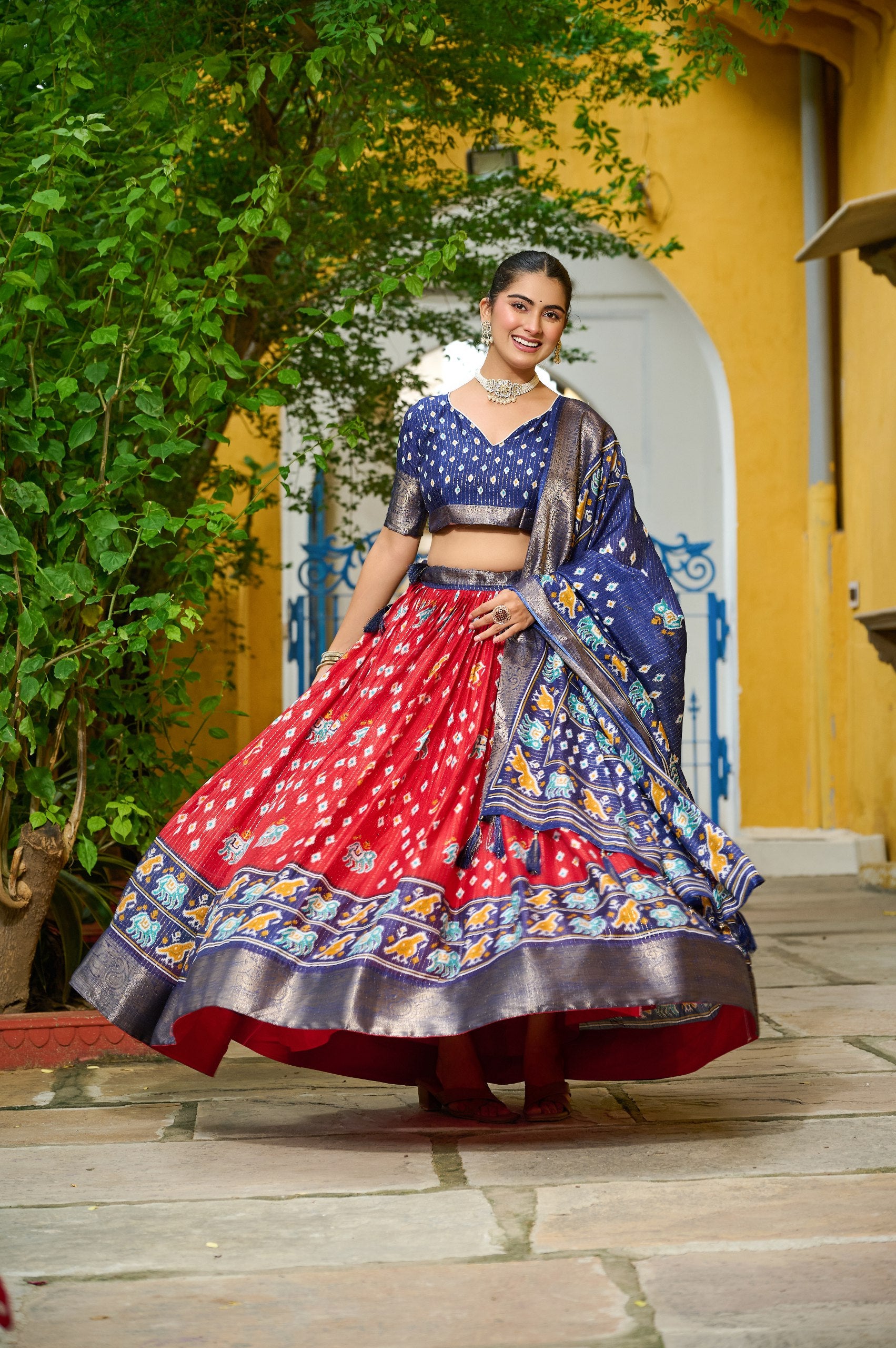 Women's Navy Blue & Red Heavy Lichi Fabric Stitched Lehenga Choli with Jacquard Border Dupatta | Jacquard Jari Lining Printed Wedding & Festive Wear