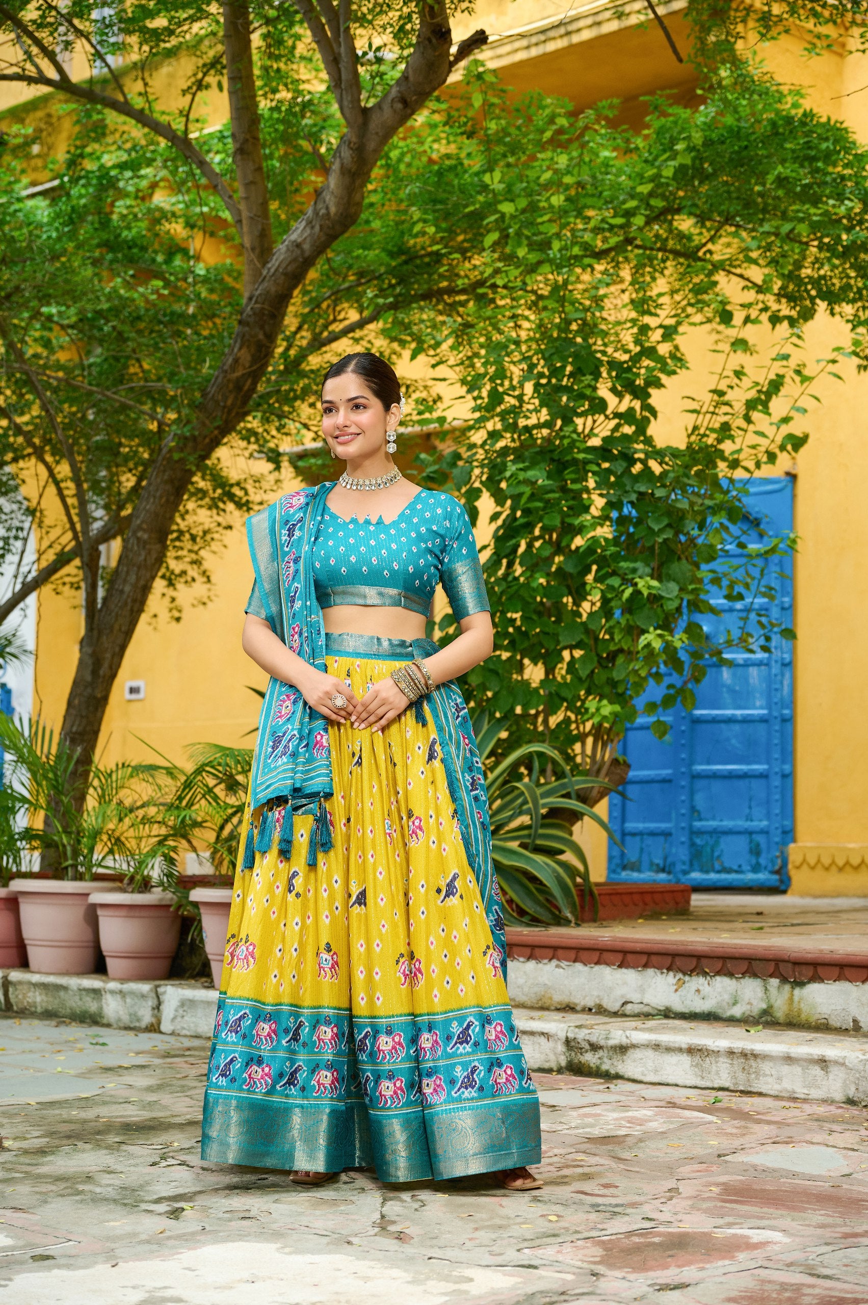 Women's Yellow & Turquoise Heavy Lichi Fabric Stitched Lehenga Choli with Jacquard Border Dupatta | Traditional Printed Wedding, Navratri & Festive Wear