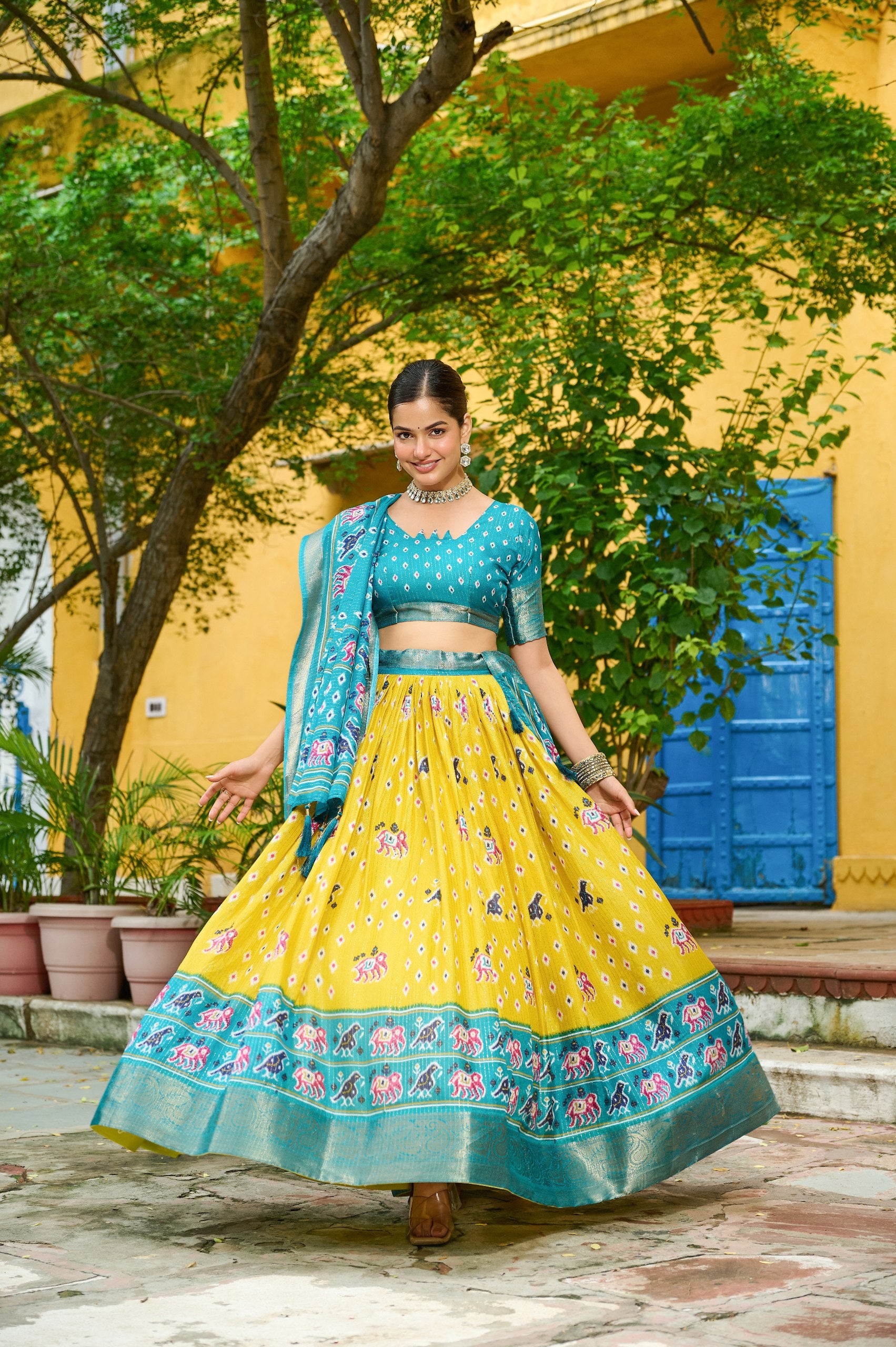 Women's Yellow & Turquoise Heavy Lichi Fabric Stitched Lehenga Choli with Jacquard Border Dupatta | Traditional Printed Wedding, Navratri & Festive Wear
