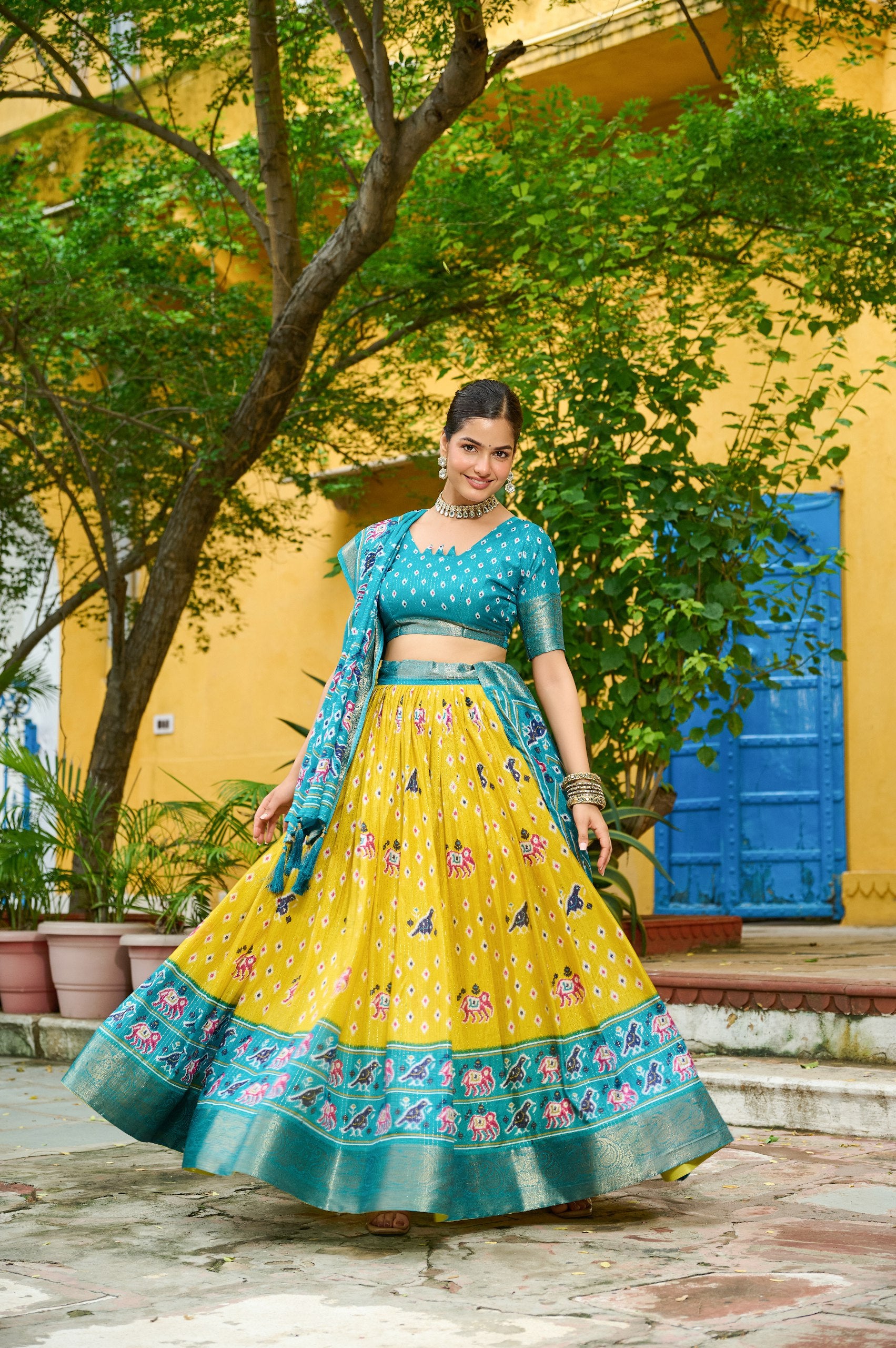 Women's Yellow & Turquoise Heavy Lichi Fabric Stitched Lehenga Choli with Jacquard Border Dupatta | Traditional Printed Wedding, Navratri & Festive Wear