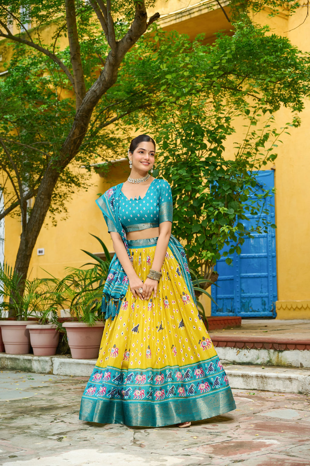 Women's Yellow & Turquoise Heavy Lichi Fabric Stitched Lehenga Choli with Jacquard Border Dupatta | Traditional Printed Wedding, Navratri & Festive Wear