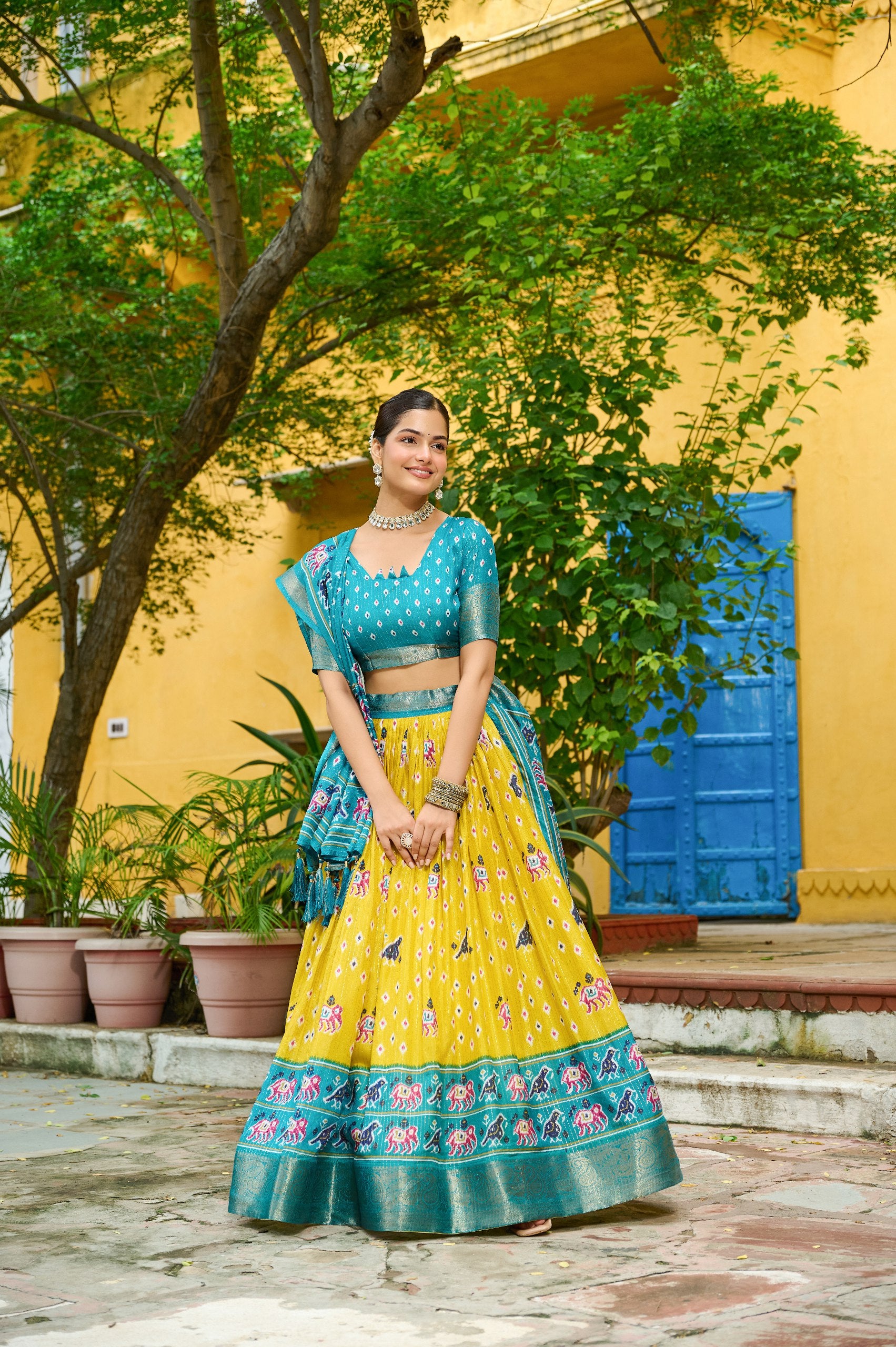 Women's Yellow & Turquoise Heavy Lichi Fabric Stitched Lehenga Choli with Jacquard Border Dupatta | Traditional Printed Wedding, Navratri & Festive Wear