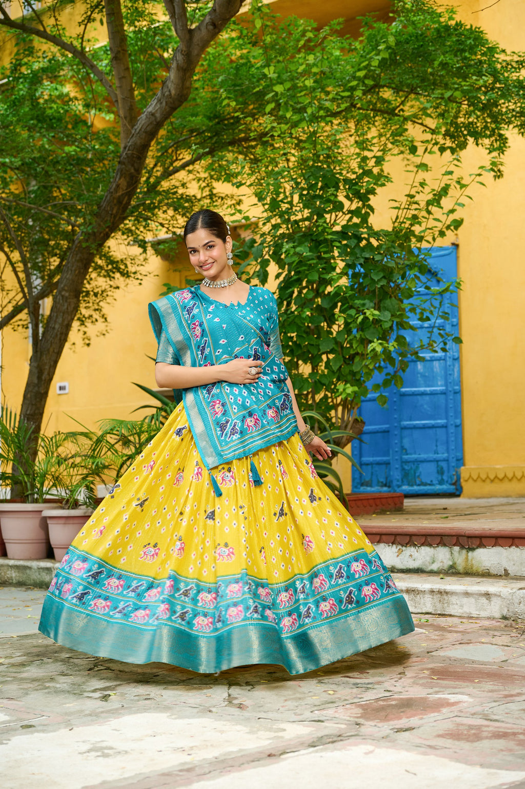 Women's Yellow & Turquoise Heavy Lichi Fabric Stitched Lehenga Choli with Jacquard Border Dupatta | Traditional Printed Wedding, Navratri & Festive Wear