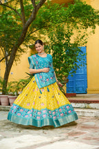 Women's Yellow & Turquoise Heavy Lichi Fabric Stitched Lehenga Choli with Jacquard Border Dupatta | Traditional Printed Wedding, Navratri & Festive Wear