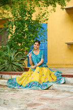 Women's Yellow & Turquoise Heavy Lichi Fabric Stitched Lehenga Choli with Jacquard Border Dupatta | Traditional Printed Wedding, Navratri & Festive Wear