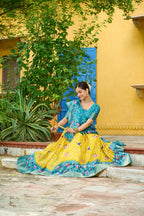 Women's Yellow & Turquoise Heavy Lichi Fabric Stitched Lehenga Choli with Jacquard Border Dupatta | Traditional Printed Wedding, Navratri & Festive Wear