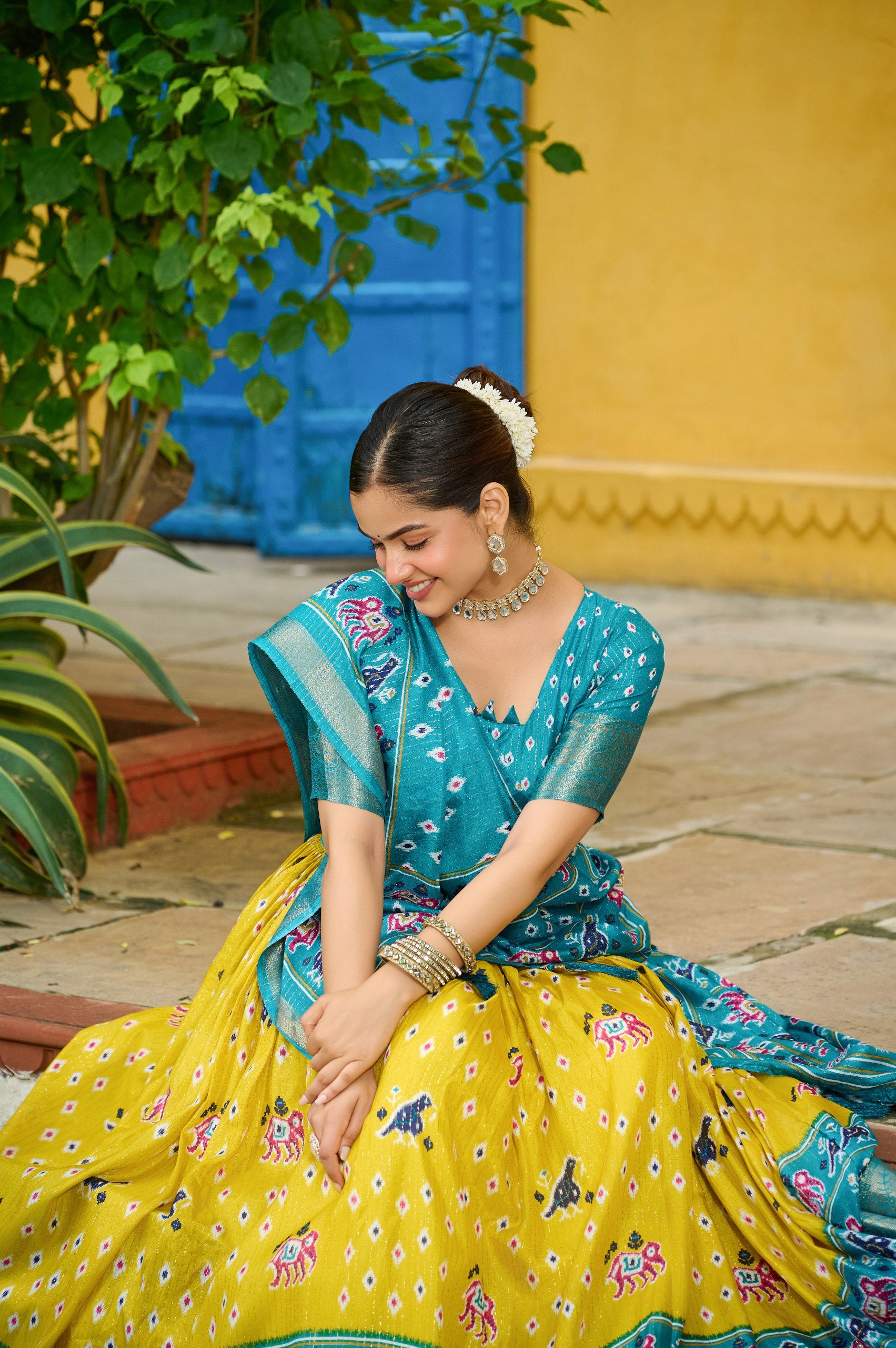 Women's Yellow & Turquoise Heavy Lichi Fabric Stitched Lehenga Choli with Jacquard Border Dupatta | Traditional Printed Wedding, Navratri & Festive Wear