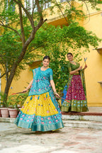 Women's Yellow & Turquoise Heavy Lichi Fabric Stitched Lehenga Choli with Jacquard Border Dupatta | Traditional Printed Wedding, Navratri & Festive Wear
