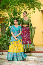 Women's Yellow & Turquoise Heavy Lichi Fabric Stitched Lehenga Choli with Jacquard Border Dupatta | Traditional Printed Wedding, Navratri & Festive Wear