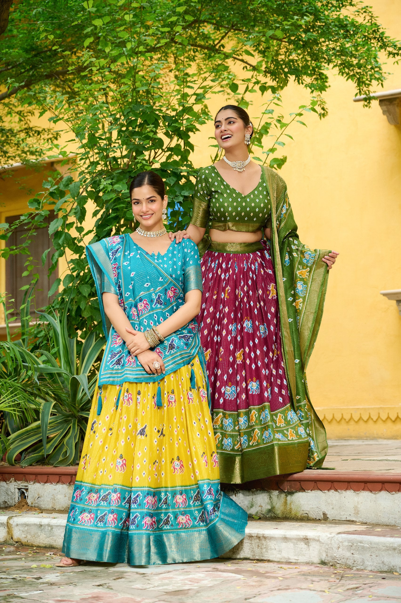 Women's Yellow & Turquoise Heavy Lichi Fabric Stitched Lehenga Choli with Jacquard Border Dupatta | Traditional Printed Wedding, Navratri & Festive Wear