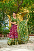 Women's Wine & Olive Green Heavy Lichi Fabric Stitched Lehenga Choli with Jacquard Border Dupatta | Traditional Printed Wedding, Navratri & Festive Wear
