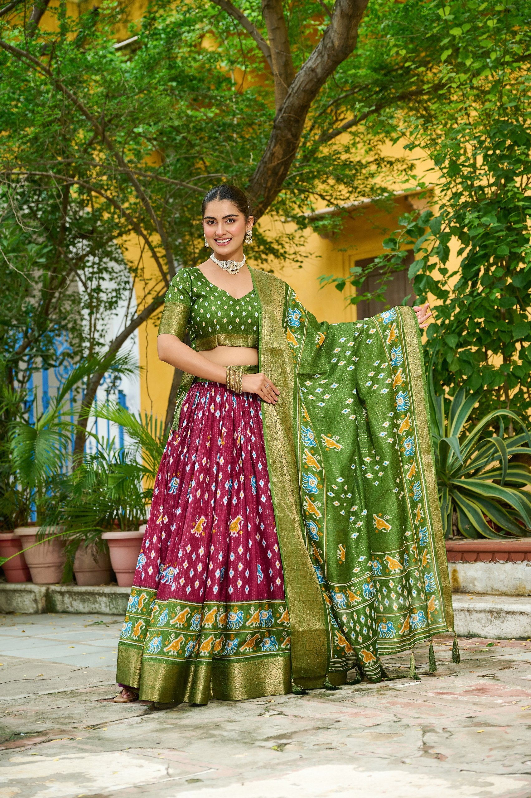 Women's Wine & Olive Green Heavy Lichi Fabric Stitched Lehenga Choli with Jacquard Border Dupatta | Traditional Printed Wedding, Navratri & Festive Wear