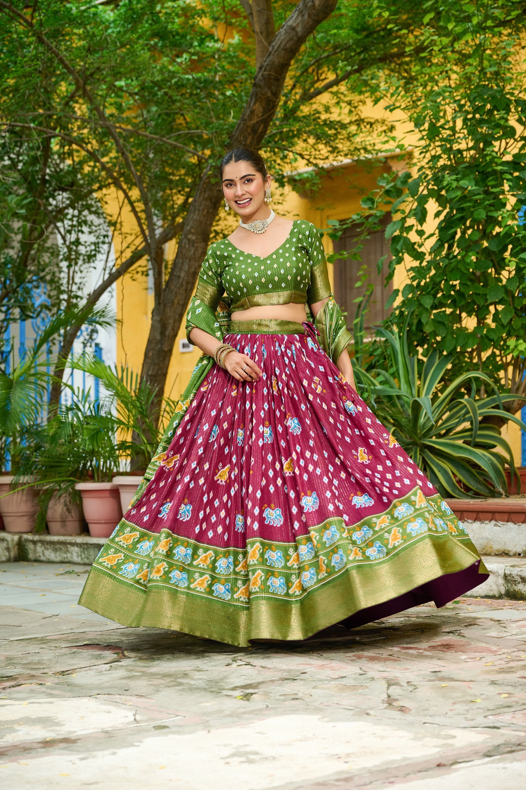 Women's Wine & Olive Green Heavy Lichi Fabric Stitched Lehenga Choli with Jacquard Border Dupatta | Traditional Printed Wedding, Navratri & Festive Wear