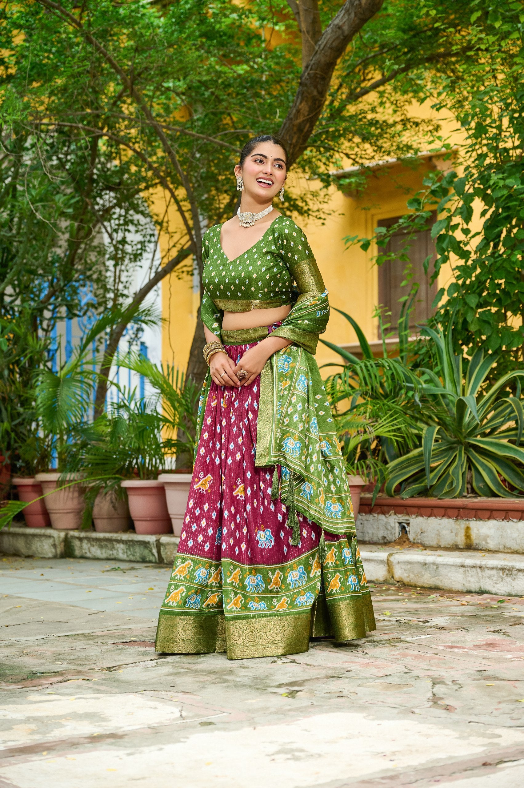 Women's Wine & Olive Green Heavy Lichi Fabric Stitched Lehenga Choli with Jacquard Border Dupatta | Traditional Printed Wedding, Navratri & Festive Wear