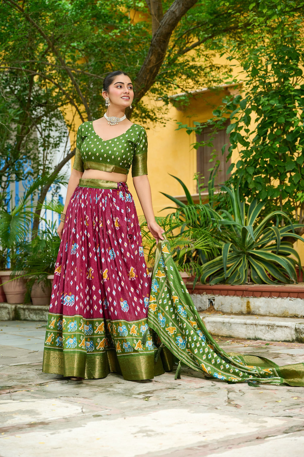 Women's Wine & Olive Green Heavy Lichi Fabric Stitched Lehenga Choli with Jacquard Border Dupatta | Traditional Printed Wedding, Navratri & Festive Wear