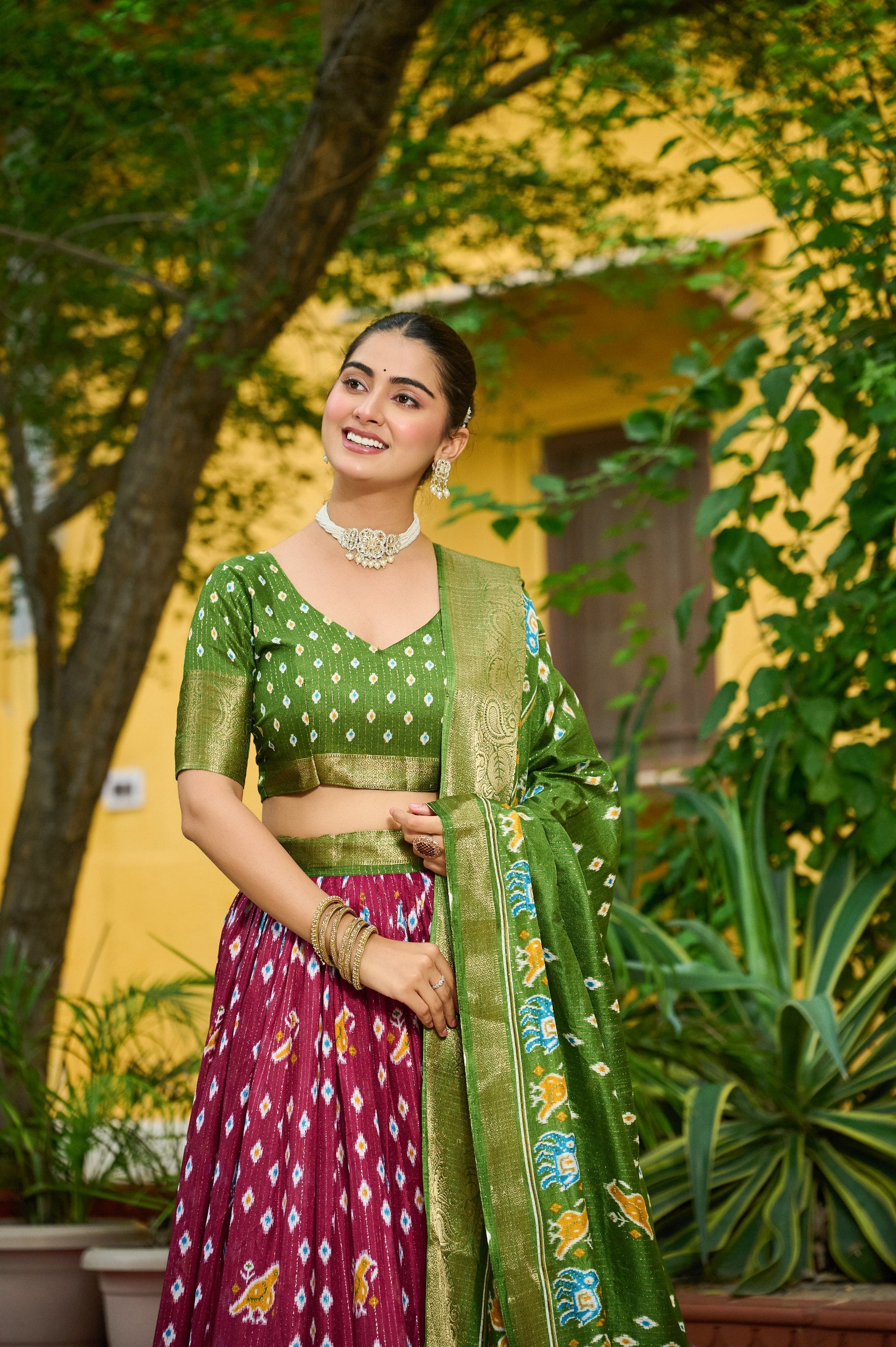 Women's Wine & Olive Green Heavy Lichi Fabric Stitched Lehenga Choli with Jacquard Border Dupatta | Traditional Printed Wedding, Navratri & Festive Wear
