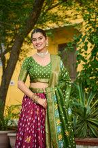 Women's Wine & Olive Green Heavy Lichi Fabric Stitched Lehenga Choli with Jacquard Border Dupatta | Traditional Printed Wedding, Navratri & Festive Wear