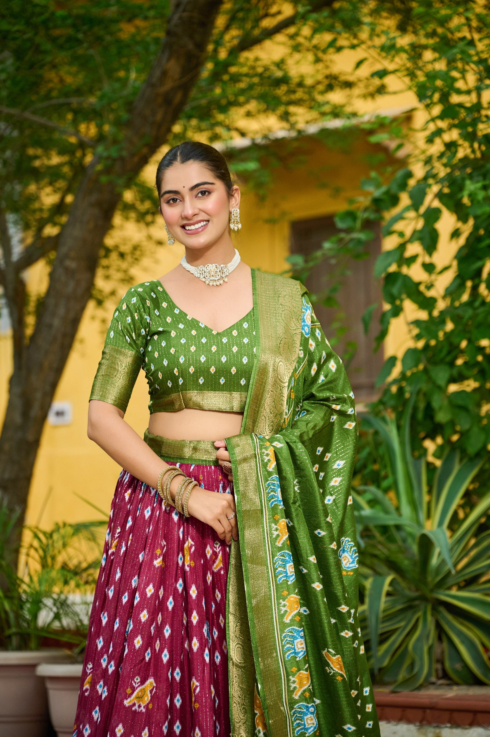 Women's Wine & Olive Green Heavy Lichi Fabric Stitched Lehenga Choli with Jacquard Border Dupatta | Traditional Printed Wedding, Navratri & Festive Wear