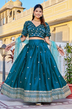 Women's Teal Blue Heavy Jimmy Choo Embroidered Lehenga Choli with Soft Net Dupatta | Designer Wedding, Reception, Engagement & Festive Wear Lehenga Set