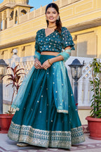 Women's Teal Blue Heavy Jimmy Choo Embroidered Lehenga Choli with Soft Net Dupatta | Designer Wedding, Reception, Engagement & Festive Wear Lehenga Set