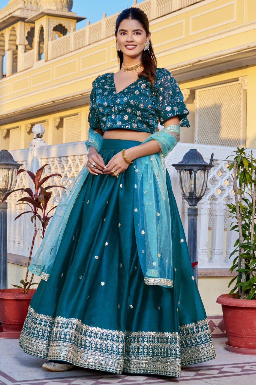 Women's Teal Blue Heavy Jimmy Choo Embroidered Lehenga Choli with Soft Net Dupatta | Designer Wedding, Reception, Engagement & Festive Wear Lehenga Set