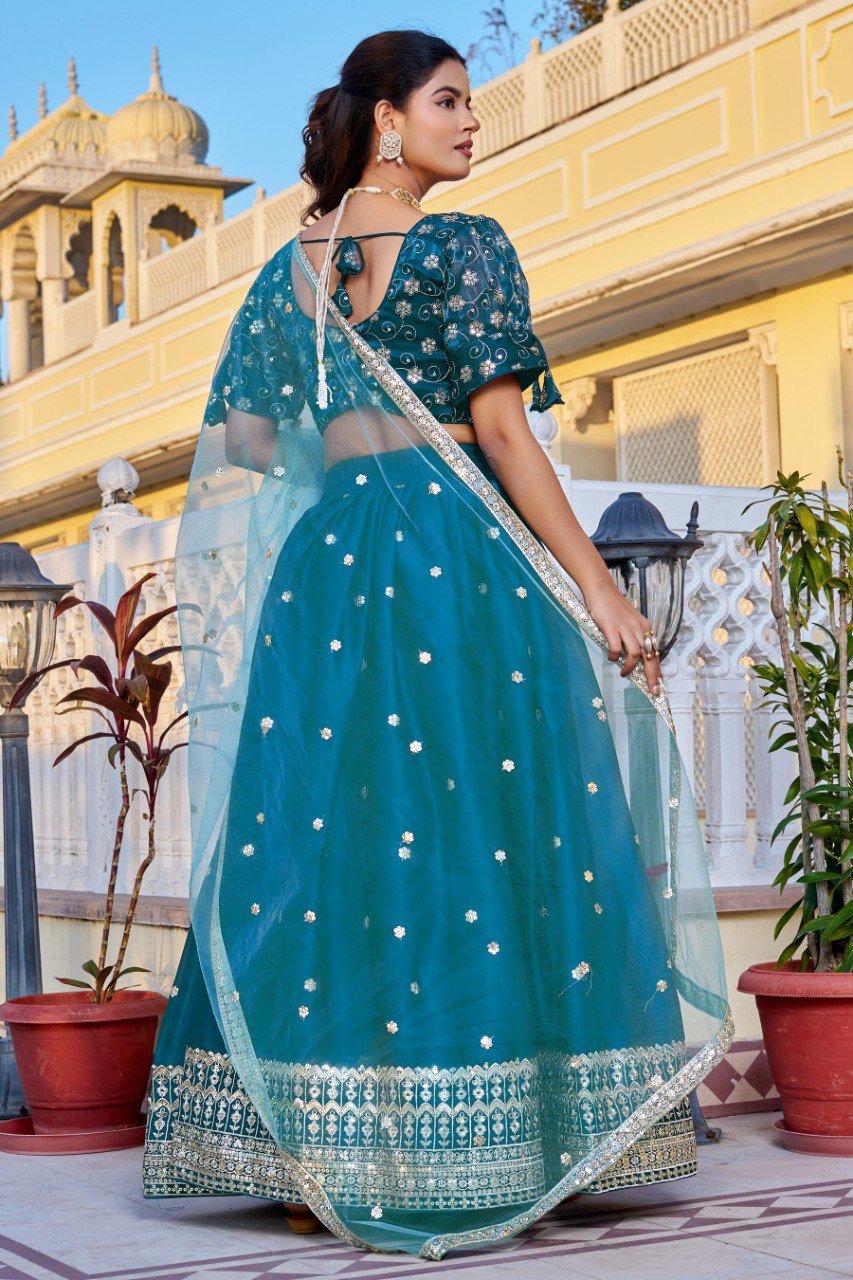 Women's Teal Blue Heavy Jimmy Choo Embroidered Lehenga Choli with Soft Net Dupatta | Designer Wedding, Reception, Engagement & Festive Wear Lehenga Set