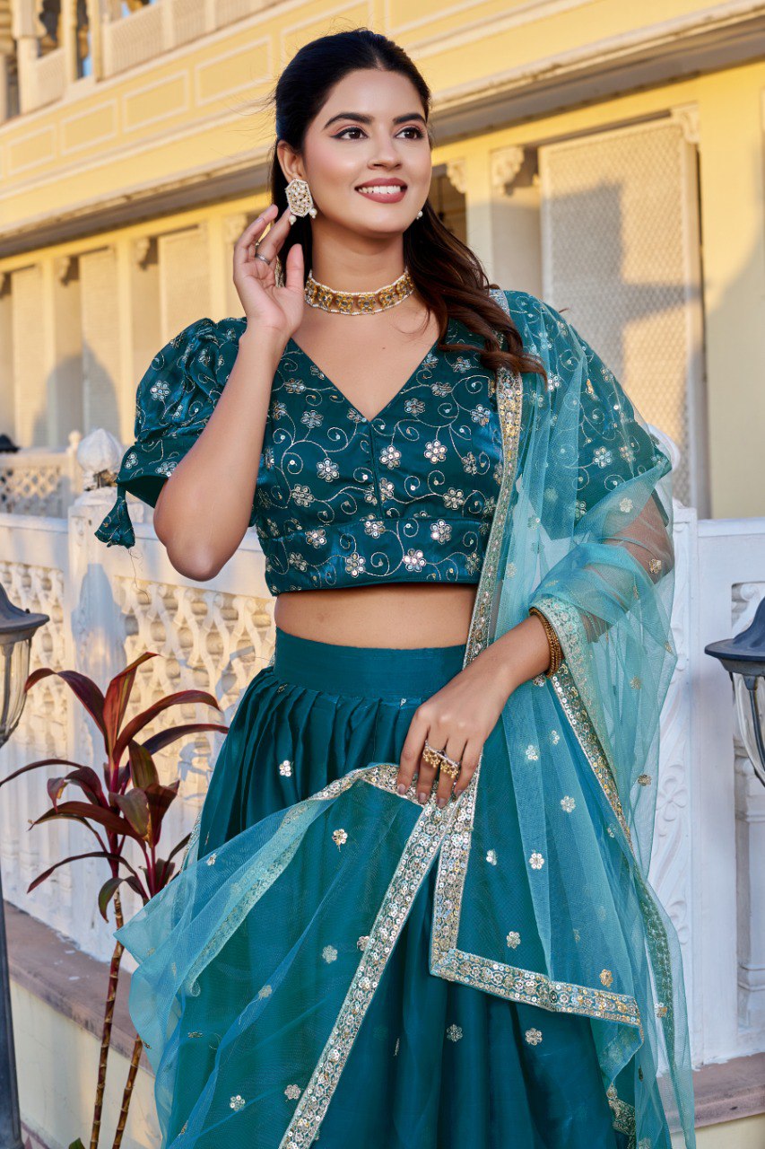 Women's Teal Blue Heavy Jimmy Choo Embroidered Lehenga Choli with Soft Net Dupatta | Designer Wedding, Reception, Engagement & Festive Wear Lehenga Set