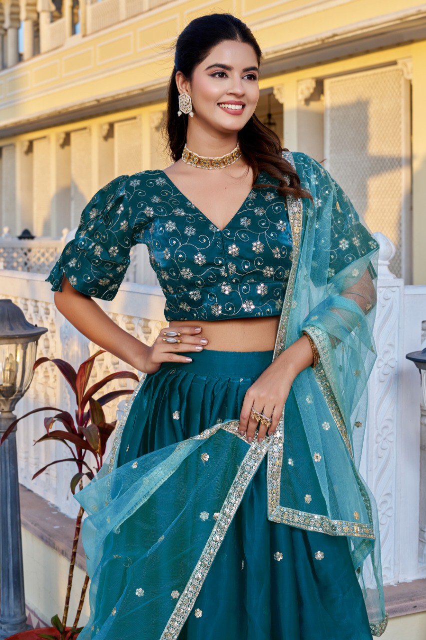 Women's Teal Blue Heavy Jimmy Choo Embroidered Lehenga Choli with Soft Net Dupatta | Designer Wedding, Reception, Engagement & Festive Wear Lehenga Set