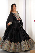 Women’s Black Chinon Embroidered Lehenga Choli with Sequence Work & Dupatta | Designer Party Wear, Wedding & Festive Lehenga Set