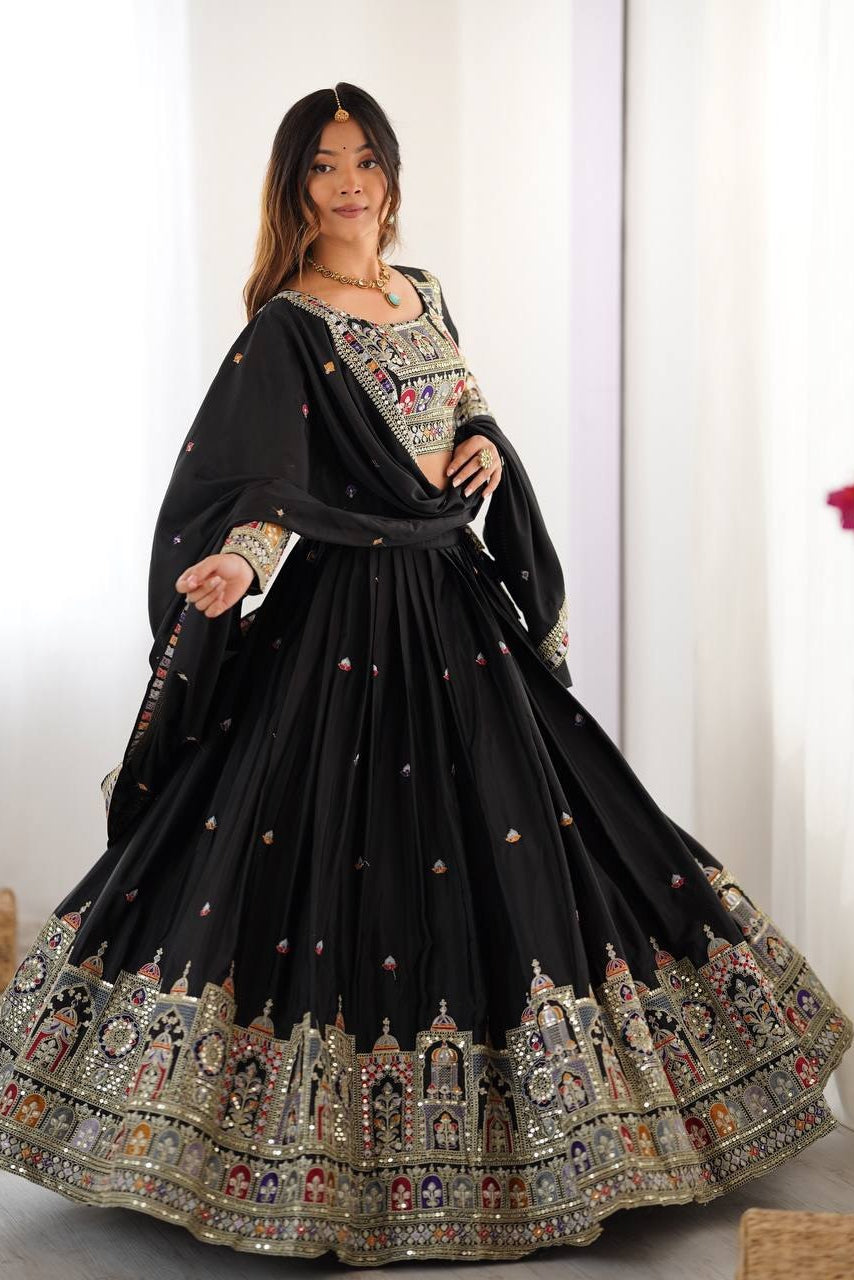 Women’s Black Chinon Embroidered Lehenga Choli with Sequence Work & Dupatta | Designer Party Wear, Wedding & Festive Lehenga Set