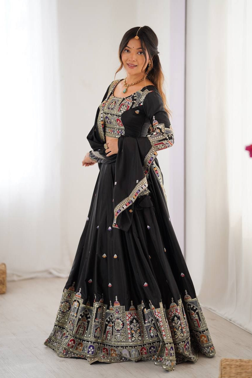 Women’s Black Chinon Embroidered Lehenga Choli with Sequence Work & Dupatta | Designer Party Wear, Wedding & Festive Lehenga Set