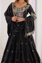 Women’s Black Chinon Embroidered Lehenga Choli with Sequence Work & Dupatta | Designer Party Wear, Wedding & Festive Lehenga Set