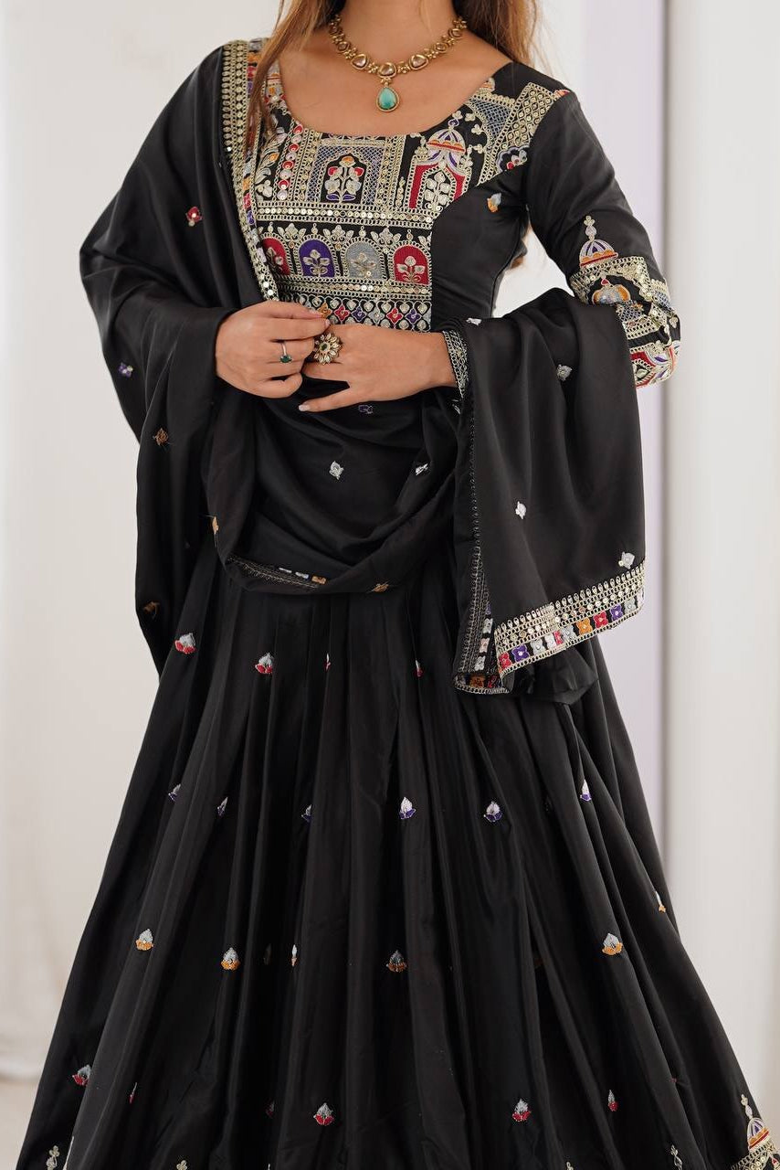 Women’s Black Chinon Embroidered Lehenga Choli with Sequence Work & Dupatta | Designer Party Wear, Wedding & Festive Lehenga Set
