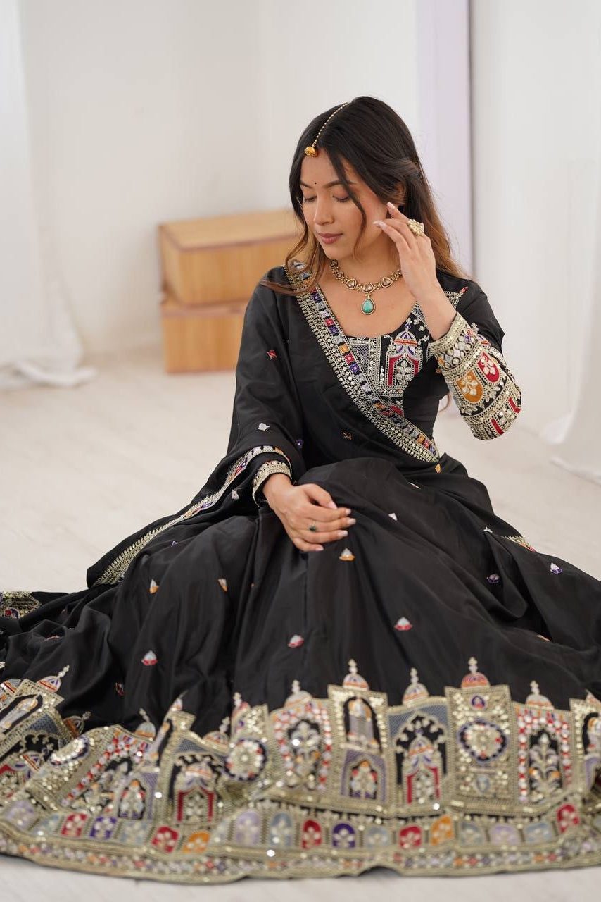 Women’s Black Chinon Embroidered Lehenga Choli with Sequence Work & Dupatta | Designer Party Wear, Wedding & Festive Lehenga Set