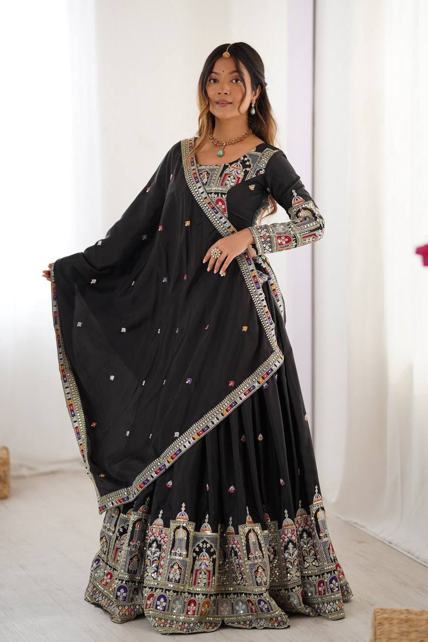 Women’s Black Chinon Embroidered Lehenga Choli with Sequence Work & Dupatta | Designer Party Wear, Wedding & Festive Lehenga Set