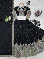 Women’s Black Chinon Embroidered Lehenga Choli with Sequence Work & Dupatta | Designer Party Wear, Wedding & Festive Lehenga Set