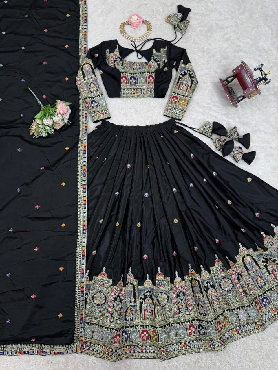 Women’s Black Chinon Embroidered Lehenga Choli with Sequence Work & Dupatta | Designer Party Wear, Wedding & Festive Lehenga Set