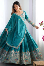 Women’s Teal Blue Embroidered Lehenga Choli with Sequence Work & Designer Dupatta | Party Wear, Wedding & Festive Ethnic Outfit