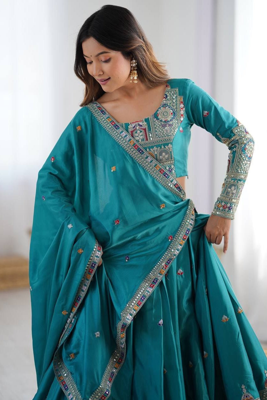 Women’s Teal Blue Embroidered Lehenga Choli with Sequence Work & Designer Dupatta | Party Wear, Wedding & Festive Ethnic Outfit