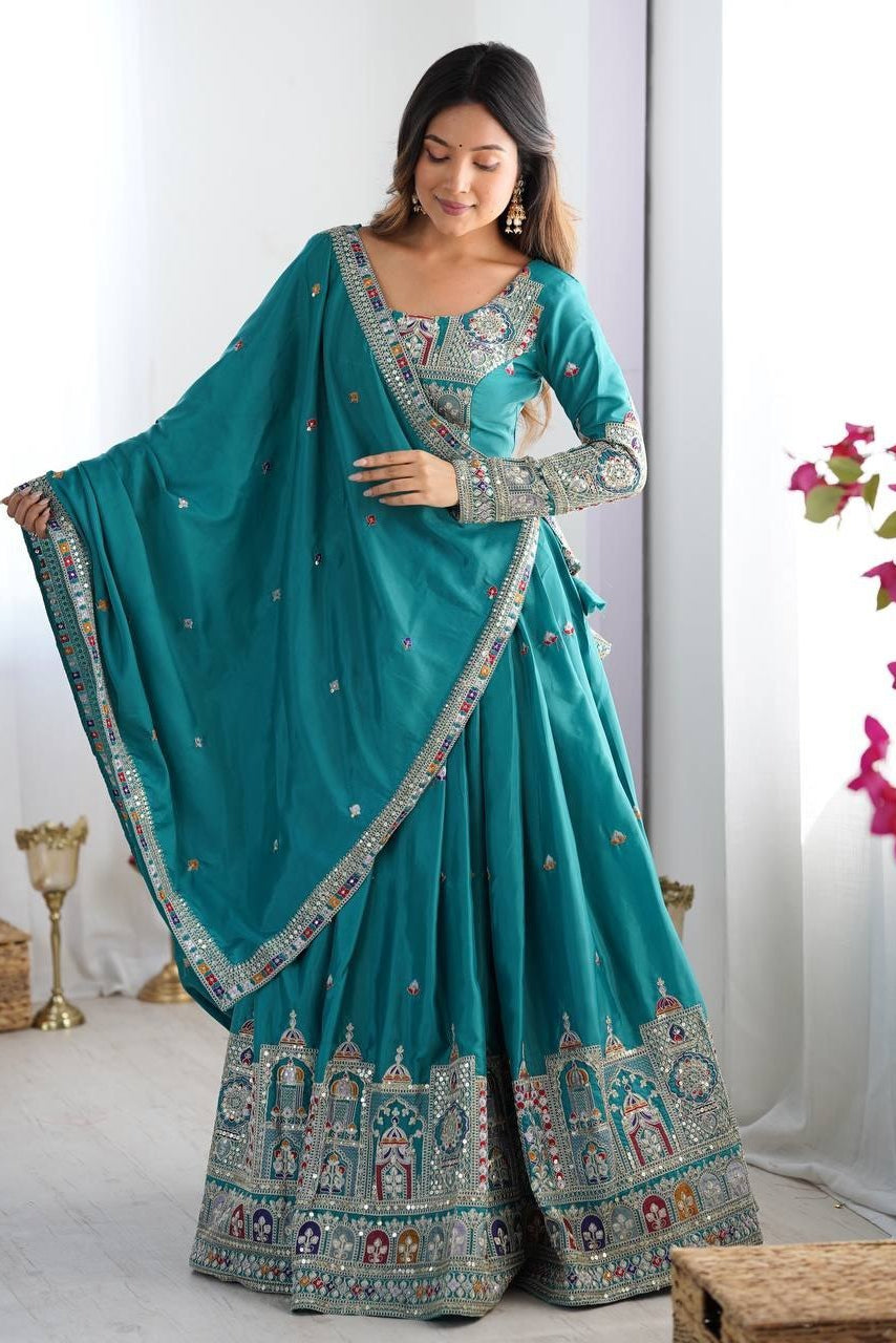 Women’s Teal Blue Embroidered Lehenga Choli with Sequence Work & Designer Dupatta | Party Wear, Wedding & Festive Ethnic Outfit