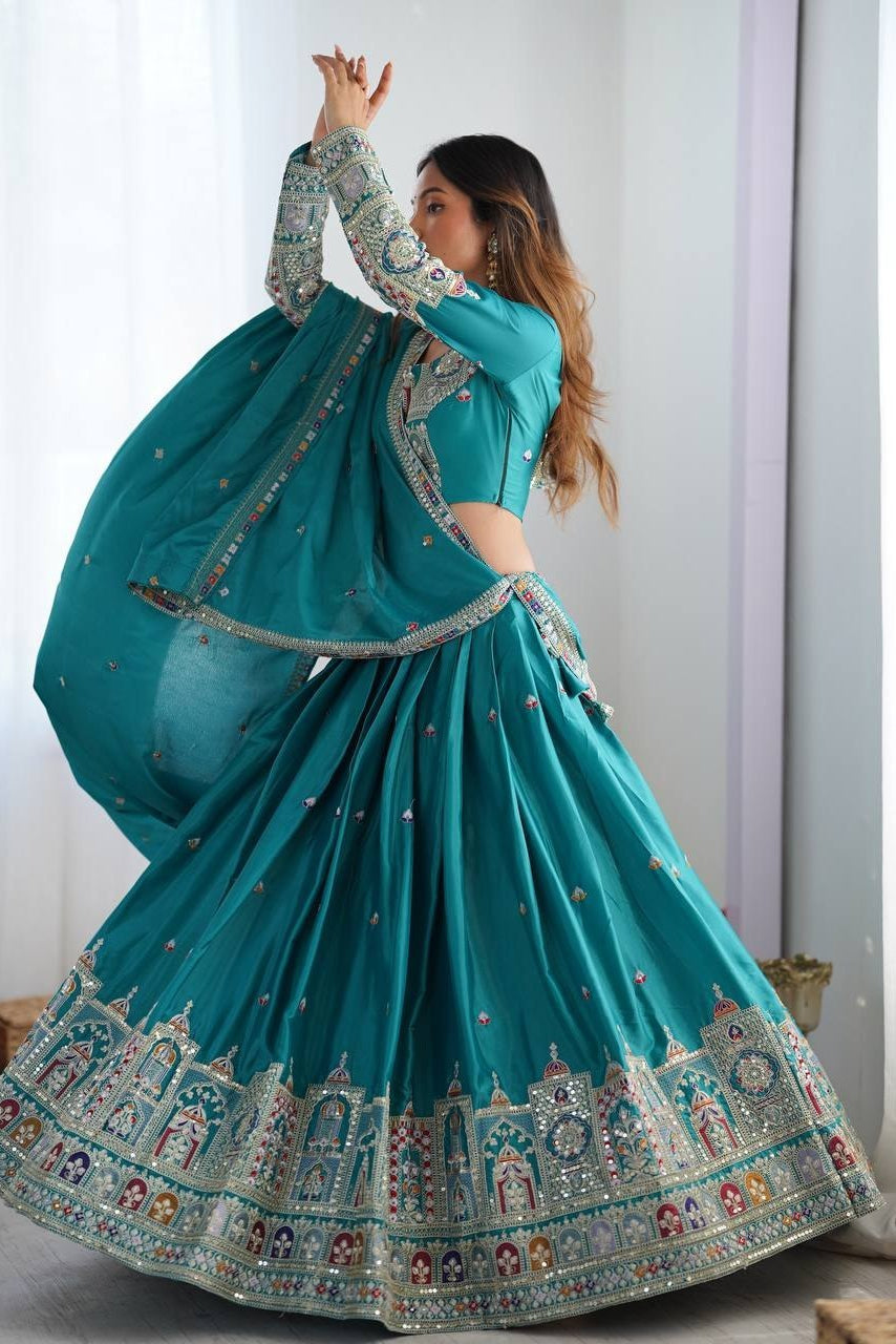 Women’s Teal Blue Embroidered Lehenga Choli with Sequence Work & Designer Dupatta | Party Wear, Wedding & Festive Ethnic Outfit