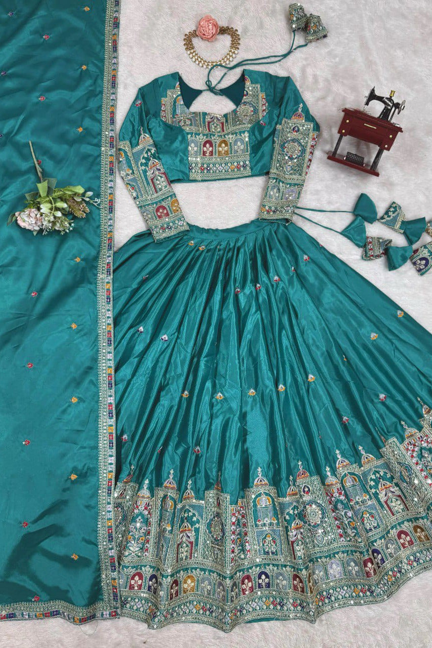 Women’s Teal Blue Embroidered Lehenga Choli with Sequence Work & Designer Dupatta | Party Wear, Wedding & Festive Ethnic Outfit