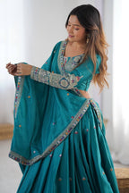 Women’s Teal Blue Embroidered Lehenga Choli with Sequence Work & Designer Dupatta | Party Wear, Wedding & Festive Ethnic Outfit