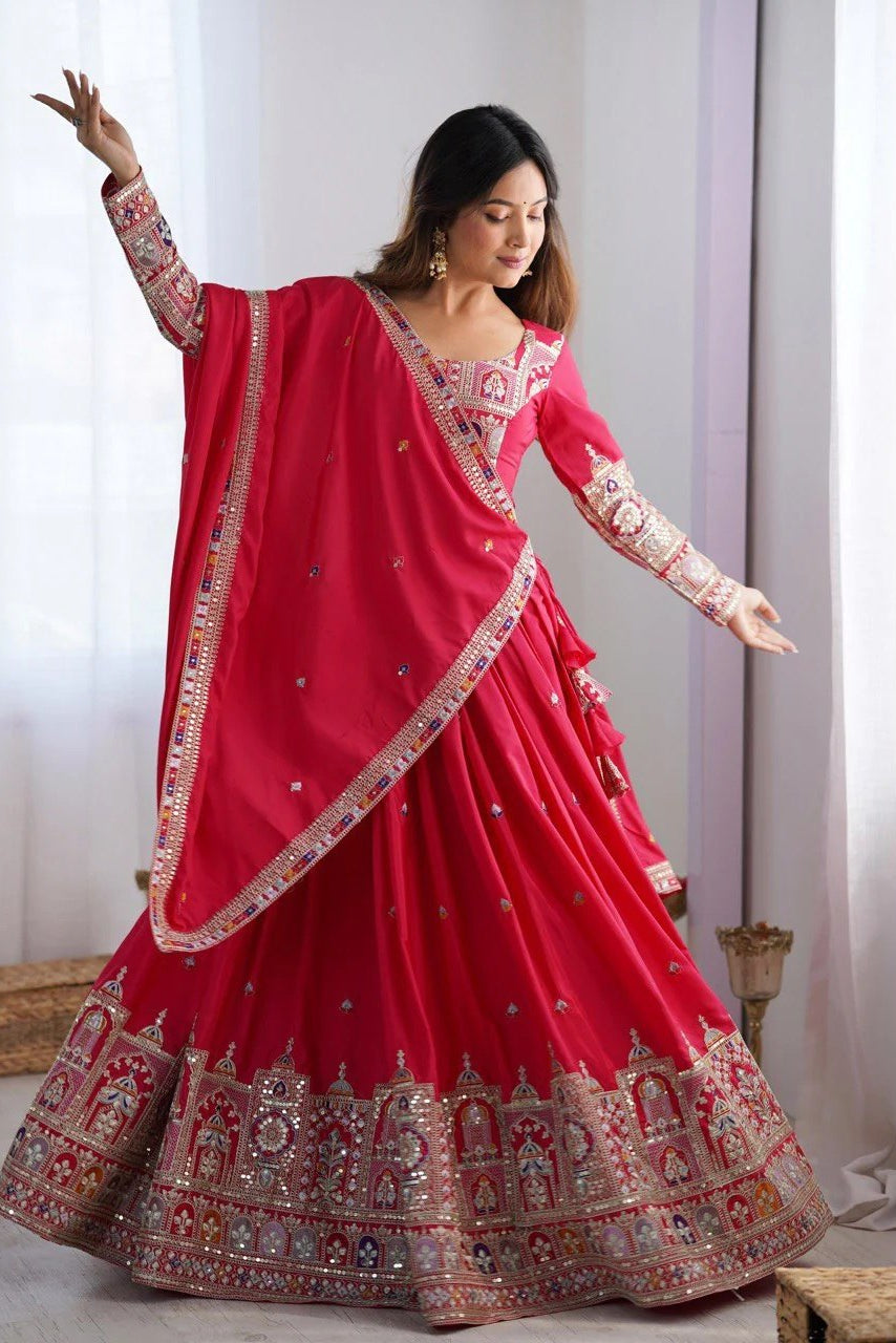 Women’s Red Embroidered Lehenga Choli with Multicolor Sequence Work & Designer Dupatta | Wedding, Party & Festive Wear