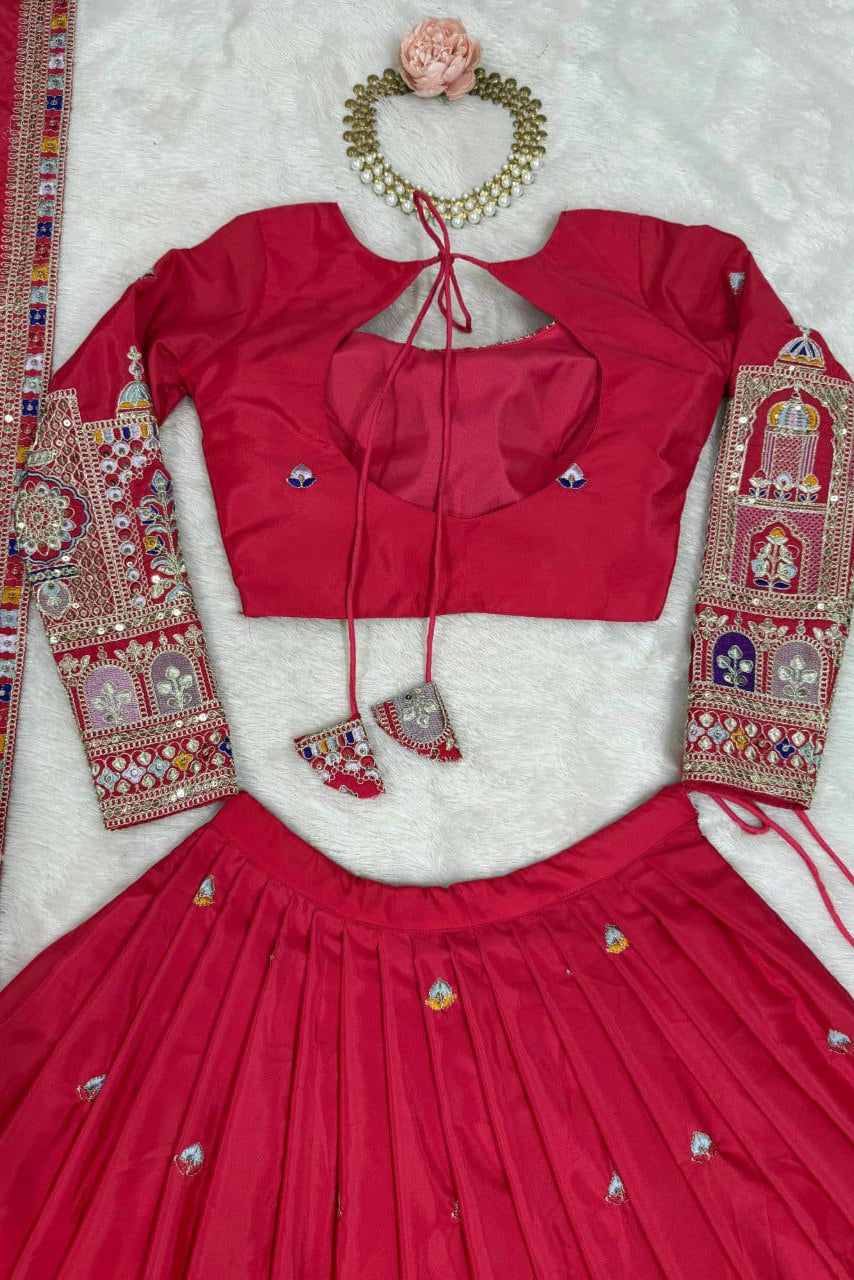 Women’s Red Embroidered Lehenga Choli with Multicolor Sequence Work & Designer Dupatta | Wedding, Party & Festive Wear